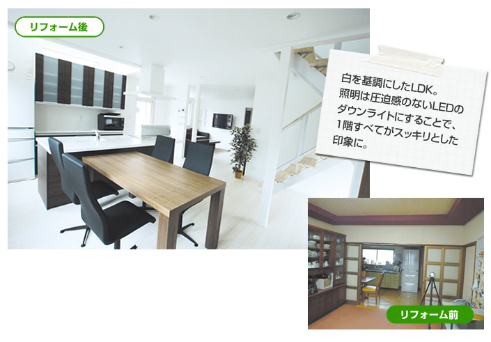 白を基調としたLDK.照明は圧迫感のないLEDのダウンライトにすることで1階のすべてがすっきりとした印象に。